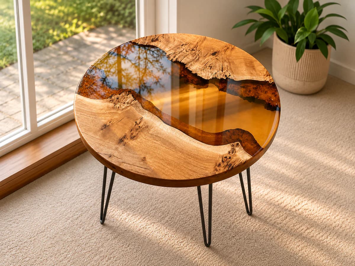 Round pippy oak and amber resin side table on black steel hairpin legs